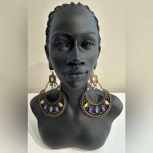 Vintage Statement Earrings, 3.5” Drop, Multicolor Gemstones